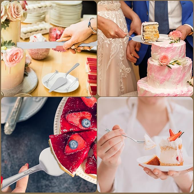 Wedding Cake Cutting Set, Elegant Wedding Cake Knife and Server Set with Thick Stainless Steel Wide Handle, Cake Cutting Set for Wedding Anniversary Christmas, Cake Cutter, 2 Cute Forks and Bows