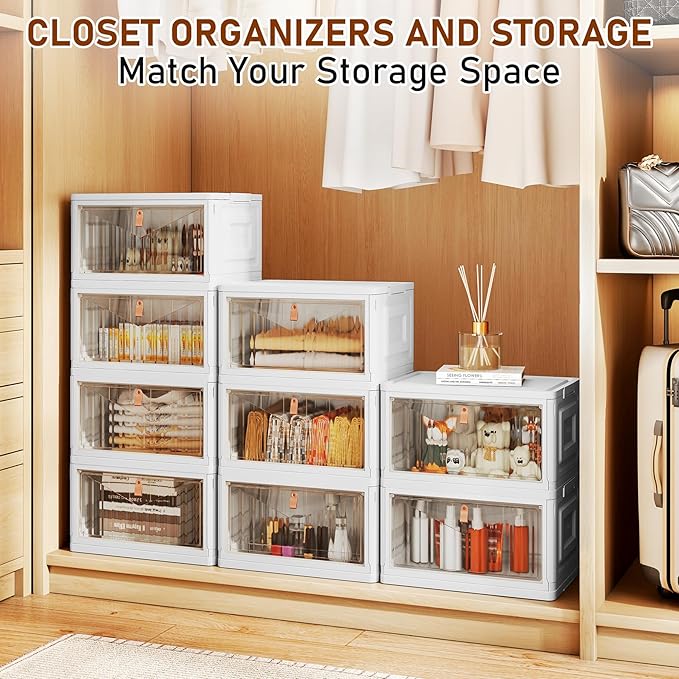 4 Tier Storage Bins with Lids, 23QT Stackable Closet Organizers and Storage with Wheels, Collapsible Storage Boxes, Foldable Plastic Storage Containers for Home,Office, Dorm Room-White