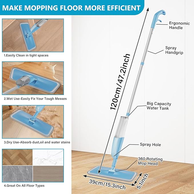 Spray Mops for Hardwood Floor Cleaning: MEXERRIS Wet Dust Dry Mop with 3 Washable Mopping Pads - Flat Floor Mop with Sprayer Home Commercial Use for Wood Laminate Ceramic Tiles Vinyl