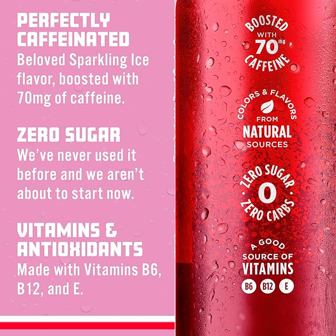 Sparkling Ice Caffeine Cherry Vanilla Sparkling Water with Caffeine, Zero Sugar, with Antioxidants and Vitamins,16 fl oz Cans (Pack Of 12)