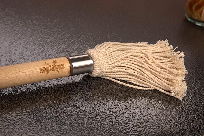 18" Basting Mop - BBQ Mop Brushes for Sauce, Extra-Absorbent Double Head, Ergonomic Durable Natural Oak Handle, BBQ Grill Brush & Sauce Brush