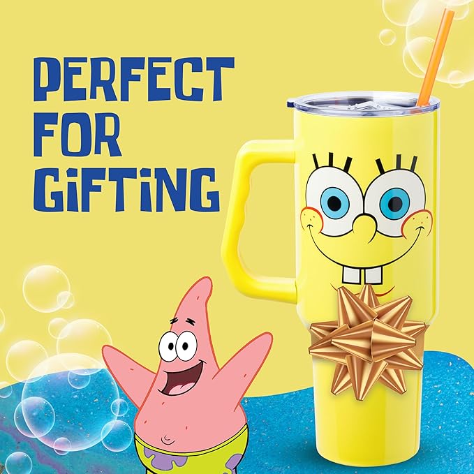 Silver Buffalo SpongeBob SquarePants Stainless Steel Tumbler with Handle, Fits in Standard Cup Holder, 40 Ounces