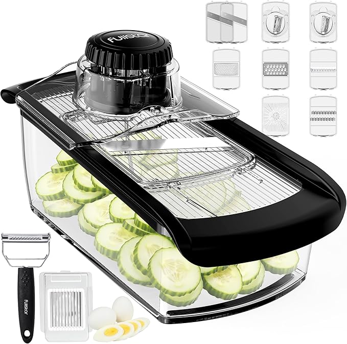 Fullstar Mandoline Slicer for Kitchen, Fruit Cutter, Cheese Grater, Cucumber Slicer, Veggie Spiralizer, Food Cutter & Kitchen Gadgets & Gifts with Safety Glove (11 in 1, Clear)