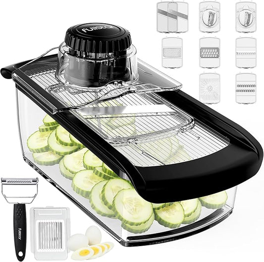 Fullstar Mandoline Slicer for Kitchen, Fruit Cutter, Cheese Grater, Cucumber Slicer, Veggie Spiralizer, Food Cutter & Kitchen Gadgets & Gifts with Safety Glove (11 in 1, Clear)