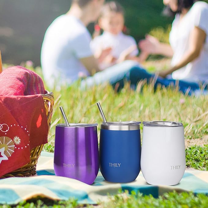 THILY Vacuum Insulated Stemless Wine Tumbler Triple-Insulated Stainless Steel Wine Glass with Lid, Reusable Straw, 12 oz, Wine, Coffee, Cocktails, Gifts Ideas for Women, Her, Girls, Purple