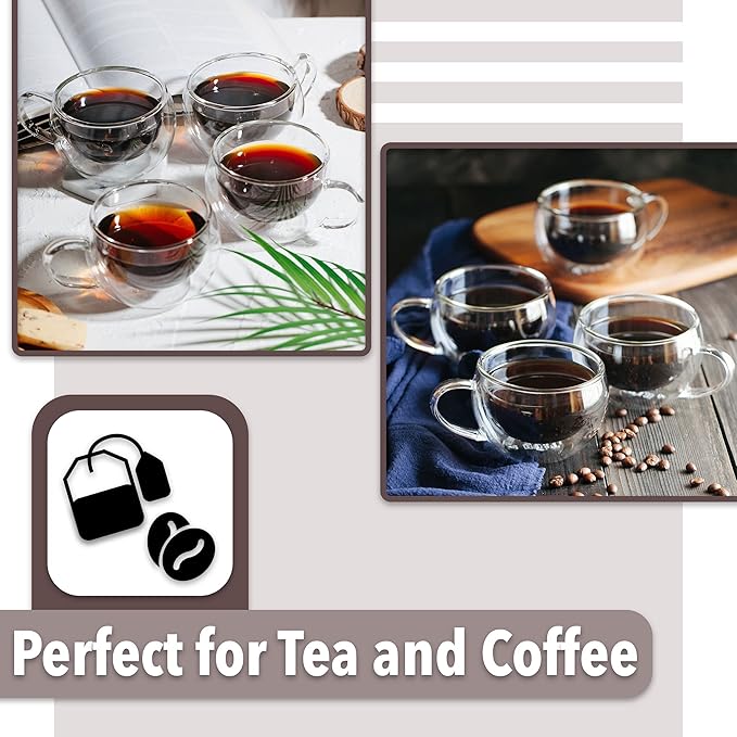 BTaT Insulated Coffee Cups - Set of 4 (9 oz, 270 ml), Double Wall Glass Tea & Latte Mugs
