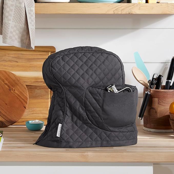 KITCHENAID Fitted Tilt-Head Stand Mixer Cover with Storage Pocket, Quilted 100% Cotton,14.4"x18"x10", Charcoal Grey