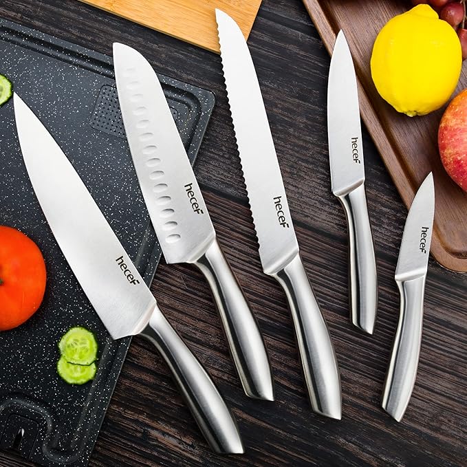 hecef Silver Kitchen knife set of 5, Satin Finish Blade with Hollow Handle, includes 8" Chef, 8" Bread, 8" Santoku, 5" Utility and 3.5" paring knife