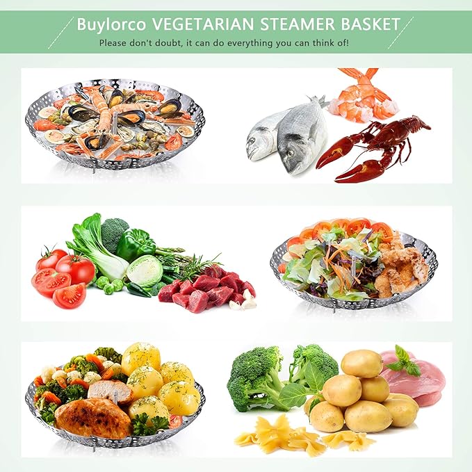Buylorco Stainless Steel Folding Vegetable Steamer Insert for Veggie & Seafood Cooking (fits pots 5" to 9")
