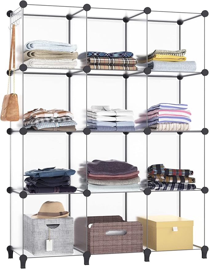 HOMIDEC Closet Organizer, 12-Cube Closet Organizers and Storage, Portable Cube Storage Organizer, Closet Shelves for Kids, Closet, Bedroom, Bathroom, Office, Transparent