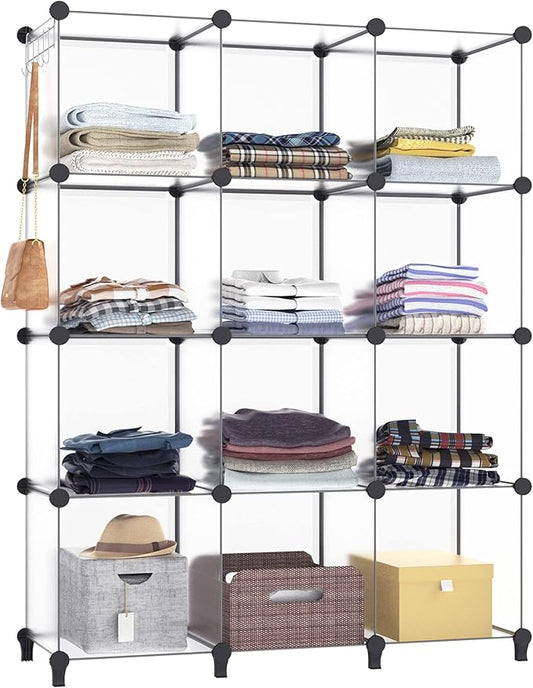 HOMIDEC Closet Organizer, 12-Cube Closet Organizers and Storage, Portable Cube Storage Organizer, Closet Shelves for Kids, Closet, Bedroom, Bathroom, Office, Transparent