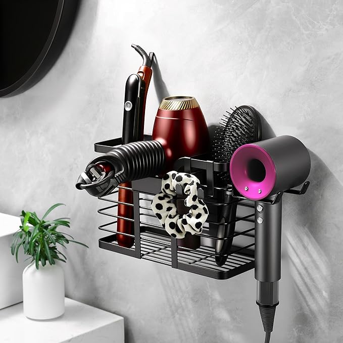 YIGII Hair Dryer Holder,3 in 1 Hair Tools Organizer Blow Dryer Holder Adjustable Height Cabinet Door/Wall Mounted Bathroom Organizer and Storage for Hair Dryer,Flat Irons,Curing Wands.