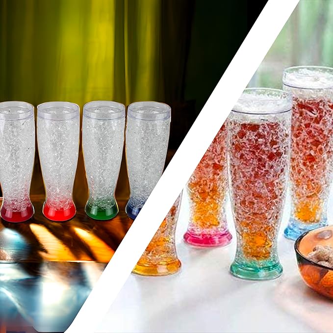 Lily's Home 16 oz Set of 4 Freezer Beer Mugs, Double Wall, Insulated with Liquid Gel Plastic Freezable Glasses, Glass for Freezer, Chiller Frosty Cup,for party