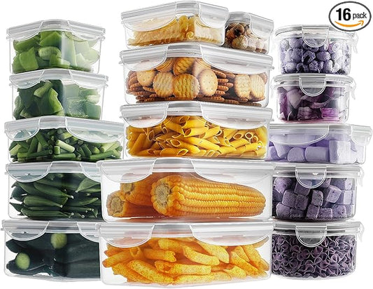 HOMBERKING 32 Pieces Food Storage Containers Set with Snap Lids (16 Lids + 16 Containers), Meal Prep Airtight Plastic Containers, BPA-Free Lunch Containers for Kitchen Organization, Pantry, Home, Grey