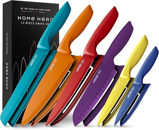 Home Hero Kitchen Knife Set - High Carbon Stainless Steel Blades - Nonstick Ceramic Coating - Ergonomic Handles with Protective Sheaths - 12 Pieces, Multicolor