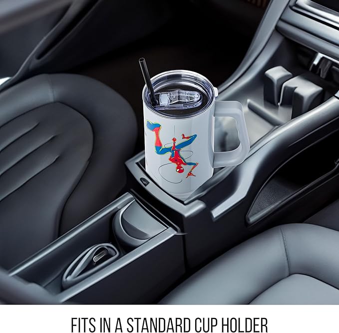 Silver Buffalo Marvel Spiderman Stainless Steel Tumbler with Handle Featuring Spider-Gwen, Miles Morales, and Spiderman, Fits In Standard Cup Holder, 40 Ounces