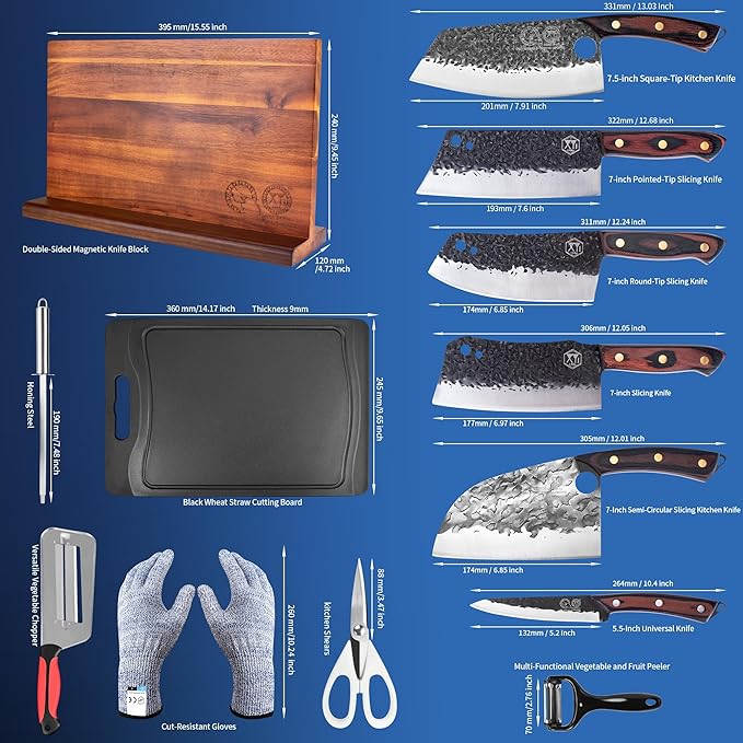 XYJ Authentic Since 1986,Knife Block Set,High Carbon Steel Blades,Full Tang Knives Set with Magentic Knife Block, Honing Steel,Scissors,Cut Resistant Gloves,Utility Vegetable Kitchen Knives