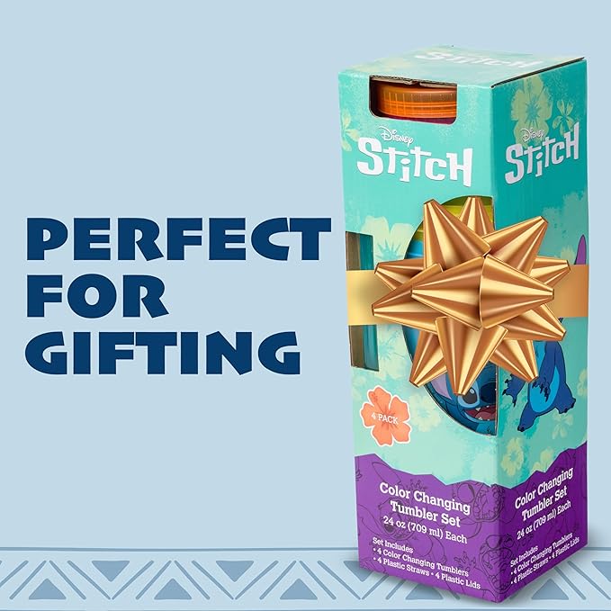 Silver Buffalo Disney Lilo and Stitch Tropical Poses 4 Pack Color Change Plastic Tumbler, 24 Ounces