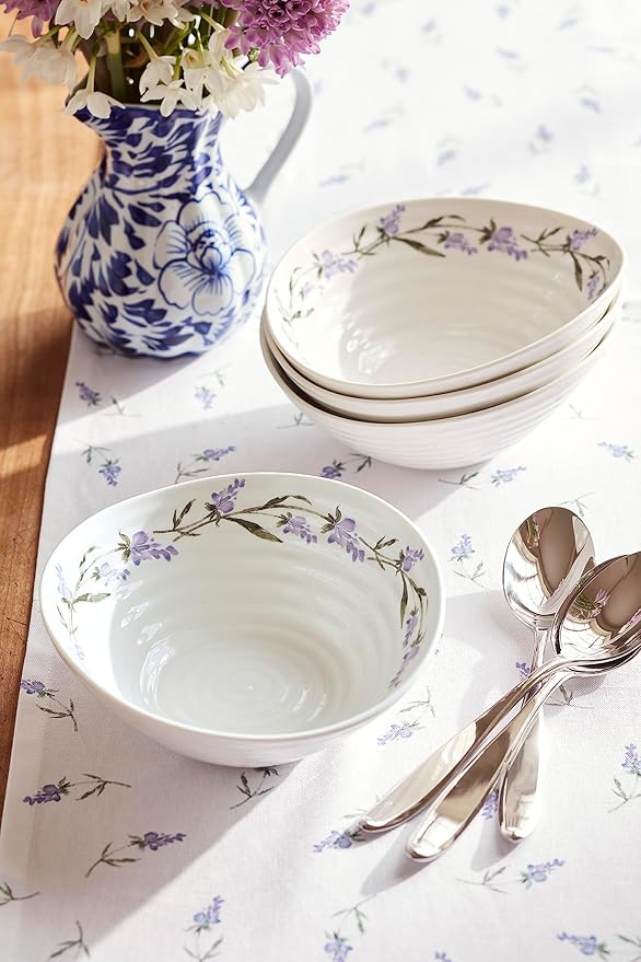 Portmeirion Sophie Conran Lavandula Cereal Bowls, Set of 4 – Ripple Design Floral Porcelain Serving Bowls for Soup, Salad, Dessert & Ice Cream – Stackable Lavender 7.5-Inch Everyday Dinnerware