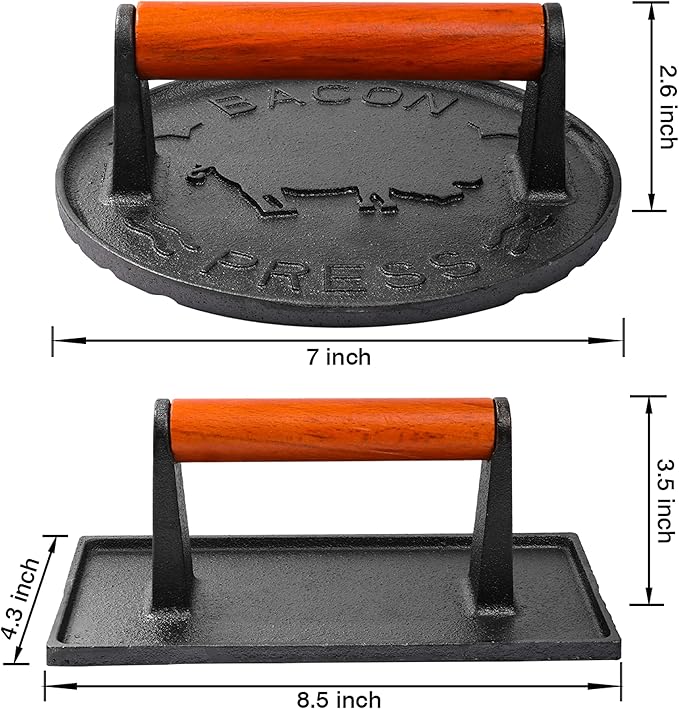 vivicreate 8.5 inch Rectangle & 7 inch Round Smash Burger Hamburger Smasher Patty Maker cast Iron Grill Weight Bacon Press Wood Handle prensa de hamburguesas prensa de Hierro fundido
