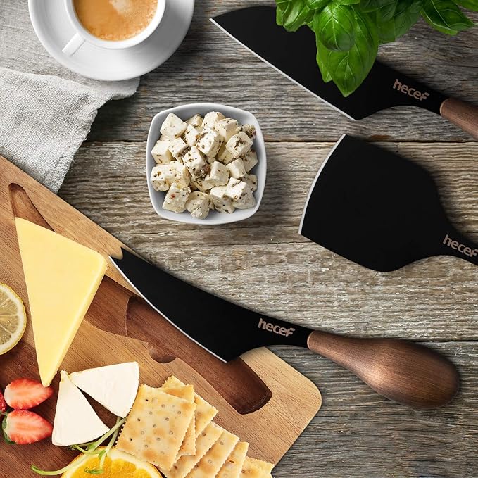 hecef Cheese Knife Set of 3, Bronze Grain Multipurpose Retro Cheese Knives, Set includes Pronged, Hard Cheese & Chisel Knife, Black