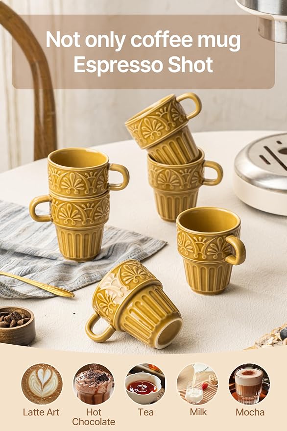 Cappuccino Cups, Espresso Cups, Stackable Mug Set of 6, Ceramic Coffee Mug 6 OZ - Image 5