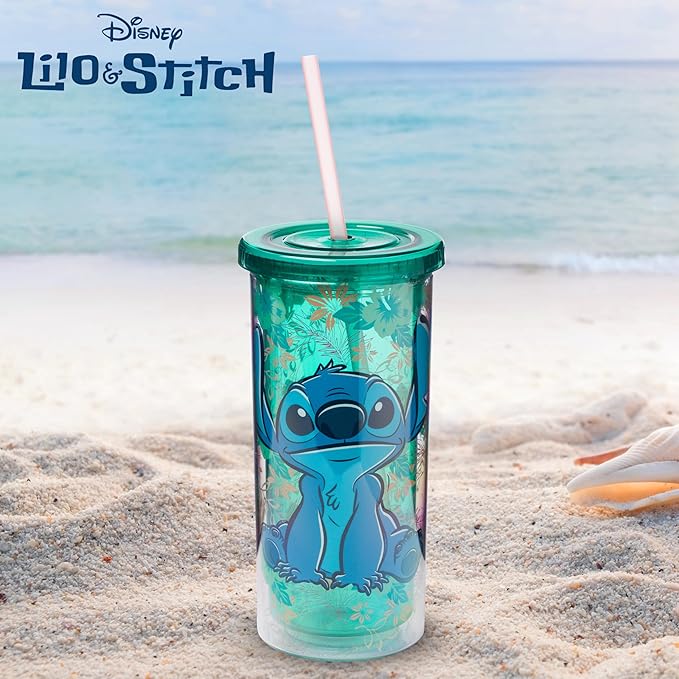 Silver Buffalo Disney Lilo and Stitch Tropical Pattern Plastic Tall Cold Cup with Lid and Straw, 20 Ounces
