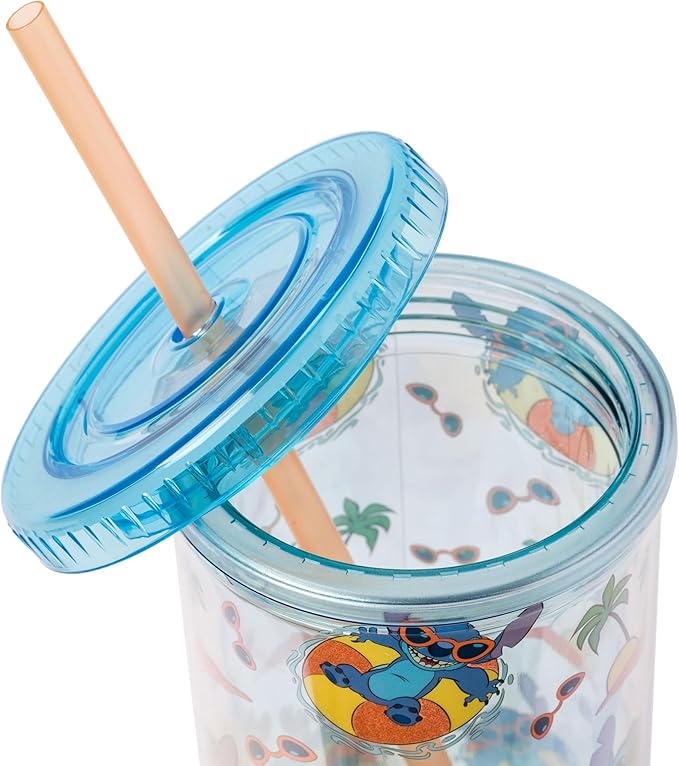 Silver Buffalo Disney Lilo and Stitch Beach Island Stitch in Floatie Swim Ring Plastic Glitter Cold Cup with Lid and Straw, 20 Ounces
