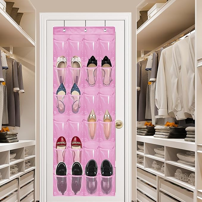 Over The Door Shoe Organizer - Space Saving Shoe Rack for Closet Door with 24 Pockets and Hook, Shoe Holder Back of Door Organizers for Shoes, Hanging Shoe Organizer (Pink)