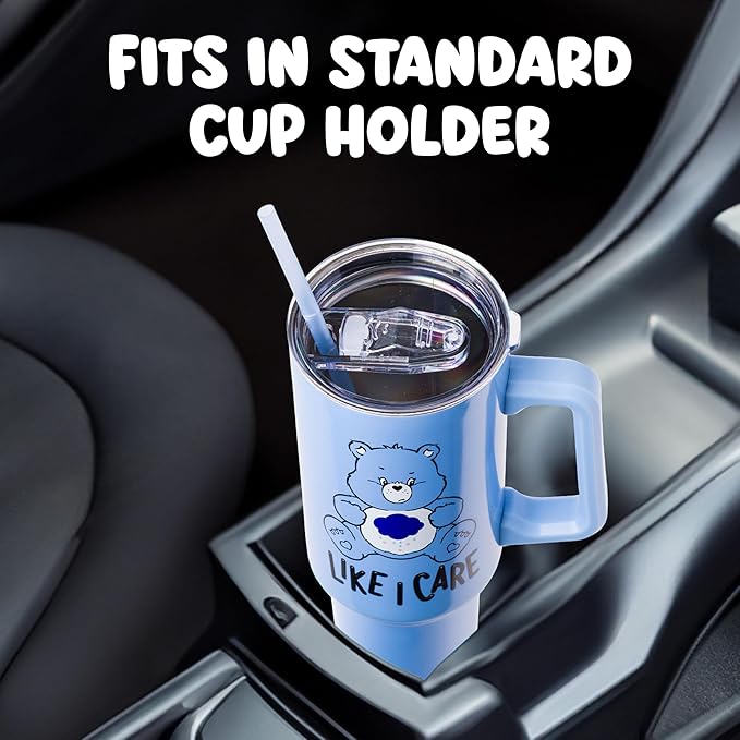 Silver Buffalo Care Bears Grumpy Bear Like I Care Stainless Steel Tumbler with Handle and Straw, Fits in Standard Cup Holder, 40 Ounces