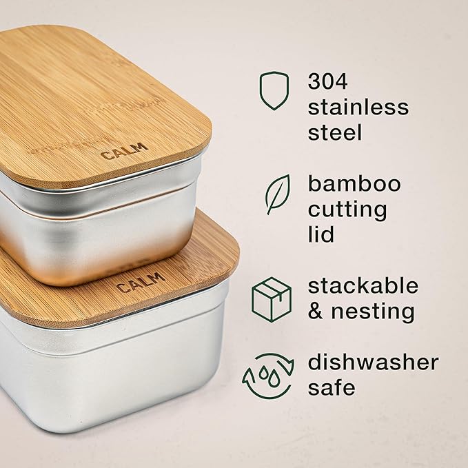 Stainless Steel Food Containers with Bamboo Cutting Board Lids | Set of 3 Reusable Meal Prep Boxes | Airtight Leak-Resistant | Dishwasher Safe | BPA-Free | 2, 4, 6 Cup Sizes