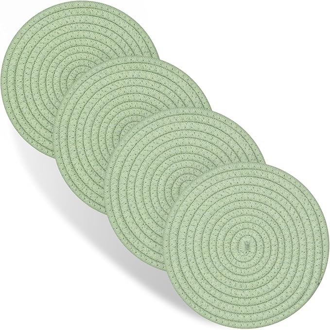 Trivets for Hot Dishes, 4 Pot Holders for Kitchen, Heat Resistant Mats for Countertop, 8 Inch Hot Pads for Hot Pots and Pans, Coaster, Home Essentials, Rustic Farmhouse Decor (Green)