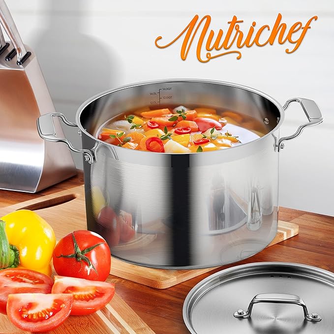 Stainless Steel Cookware Stockpot - 14 Quart, Heavy Duty Induction Pot, Soup Pot with Stainless Steel, Lid, Gas, Induction, Ceramic, Glass and Halogen Cooktops Compatible - NutriChef NCSPT14Q