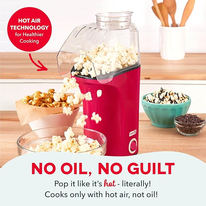 DASH Hot Air Popcorn Popper Maker with Measuring Cup to Portion Popping Corn Kernels + Melt Butter, 16 Cups - Red