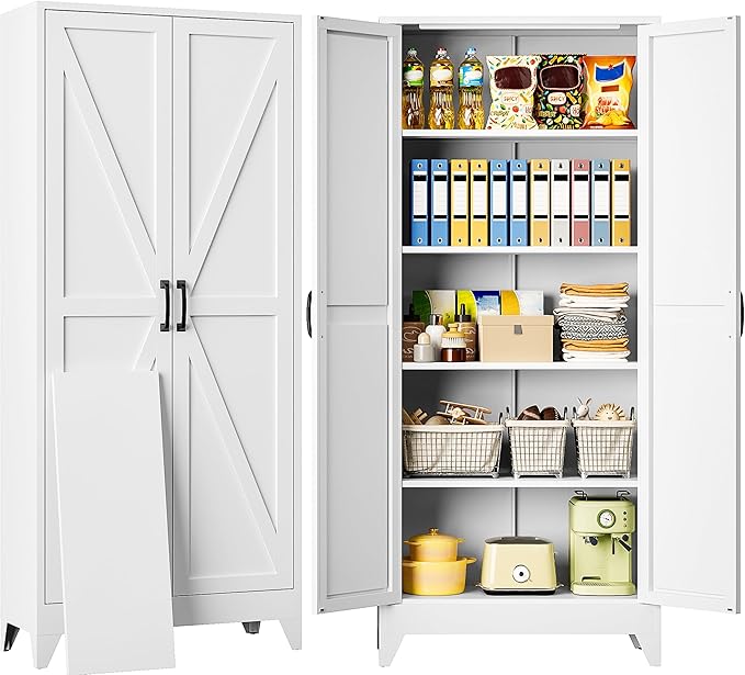 SISESOL 75" Tall Pantry Cabinet,Farmhouse Kitchen Pantry Storage Cabinets with 2 Doors and 5 Shelves,White Metal Storage Cabinet,Large Cupboard for Home,Kitchen,Dining/Living Room