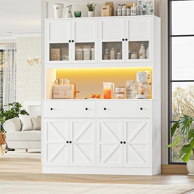 FINETONES 71" Pantry Cabinet with LED Light and Charging Station, Farmhouse Kitchen Pantry Cabinet with Microwave Stand, 47.2" Wide Kitchen Hutch Food Pantry with Open Countertop, White