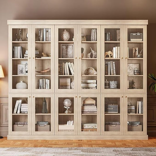70.8" Tall Brown Bookshelf with Glass Doors, Farmhouse Modular Bookcase with 6-Tier Adjustable Shelves, Large Storage Cabinet for Home Office, Living Room, Set of 3