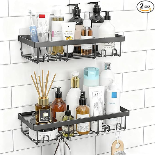 Moforoco Shower Caddy Shelf Organizer Rack, Self Adhesive Black Bathroom Shelves Basket, Home Farmhouse Wall Inside Organization and Storage Decor Rv Accessories, First Camper Apartment Essentials