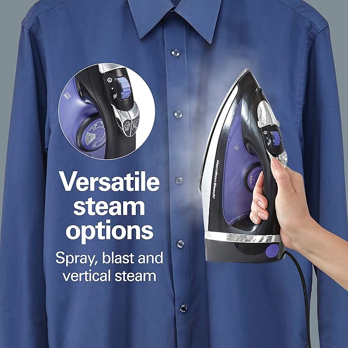 Hamilton Beach Steam Iron for Clothes & Garment Steamer with Smooth Press Stainless Steel Soleplate, 1200 Watts, 8’ Retractable Cord, Black (14214) (Pack of 2)