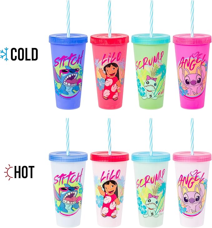 Silver Buffalo Disney Lilo and Stitch Tropical Character Poses 4 Pack Color Changing Plastic Tumbler with Lid and Reusable Straw, 24 Ounce