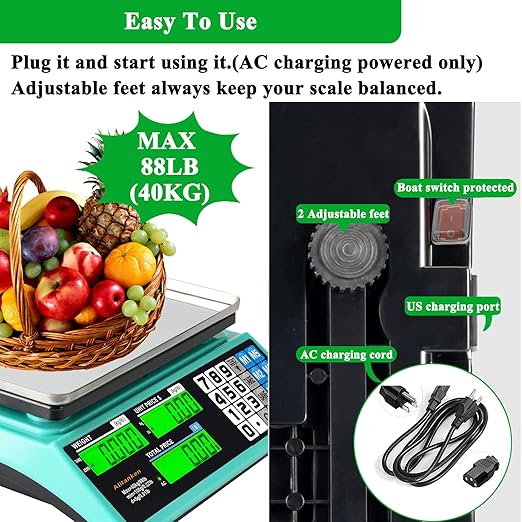 88lb/40kg Commercial Food Scale, Digital Price Computing Scale with Counting Feature, Outdoor Market Food Scale Dual LCD for Farmers Markets, Butchers, Retail Stores