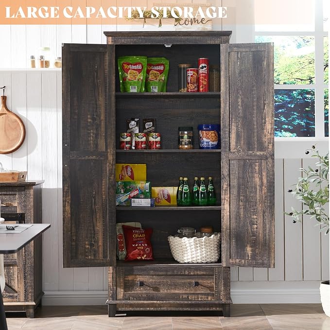AMERLIFE 2 Pcs Farmhouse Kitchen Pantry Cabinet, 72" Tall Storage Cabinet with Adjustable Shelves & Barn Doors & Drawer, Freestanding Kitchen Cupboard for Dining Room, Living Room, Dark Rustic Oak