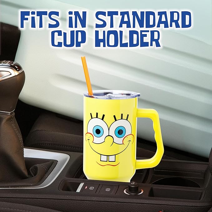 Silver Buffalo SpongeBob SquarePants Stainless Steel Tumbler with Handle, Fits in Standard Cup Holder, 40 Ounces