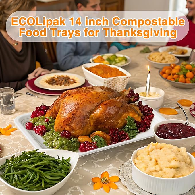 ECOLipak 100 Pack 14 Inch Disposable Food Crawfish Trays, Compostable Large Paper Plates, Disposable Thanksgiving Trays for Serving Food, Turkey, BBQ, Seafood Boil Party Supplies(White)