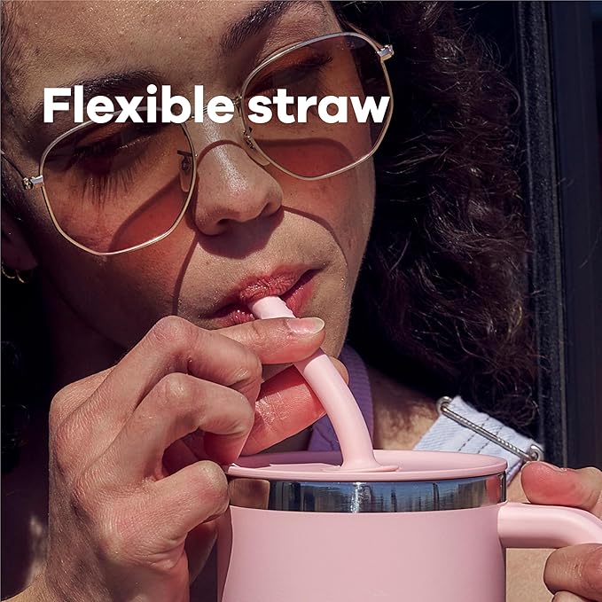 Hydro Flask Travel Tumbler with Handle, Lid and Straw - Insulated Stainless Steel in 32 Oz Reef Pink
