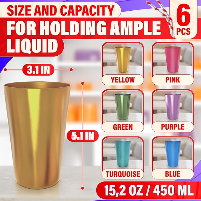 Retro Aluminum Cups 15 oz Set of 6 - Christmas Metal Tumblers for Cold Drinks, Festive Color-Finished Metal Cups for Drinking, Stackable and Dishwasher-Safe, for Home, Camping, Patio & Holiday Parties
