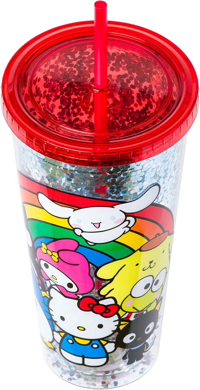 Silver Buffalo Sanrio Hello Kitty and Friends Featuring Cinnamoroll, Badtz-Maru, My Melody, Pompompurin, Tuxedo Sam, and Chococat Rainbow Plastic Confetti Cold Cup with Lid and Straw, 32 Ounces