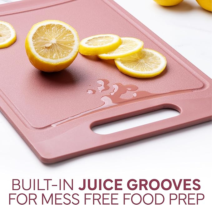 COOK WITH COLOR Non-Slip Cutting Board Set – Kitchen Essentials with Easy Grip Handle for Meat, Veggies, and Fruits, 4 Cutting Boards, Rose