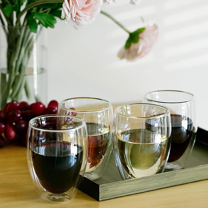 Brew To A Tea - WineGlass, 4 Pack, 12 oz (350 ml), Double Wall Stemless Wine Glass, Christmas Gifts
