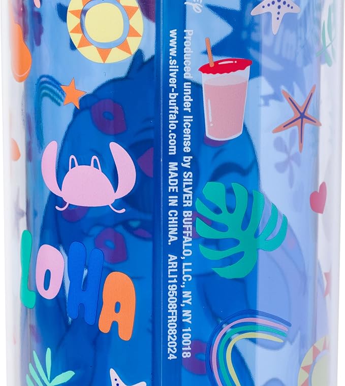 Silver Buffalo Lilo and Stitch Smiles Kisses and Icons Rhinestone Lid 20oz Plastic Tall Cold Cup w/Lid and Straw